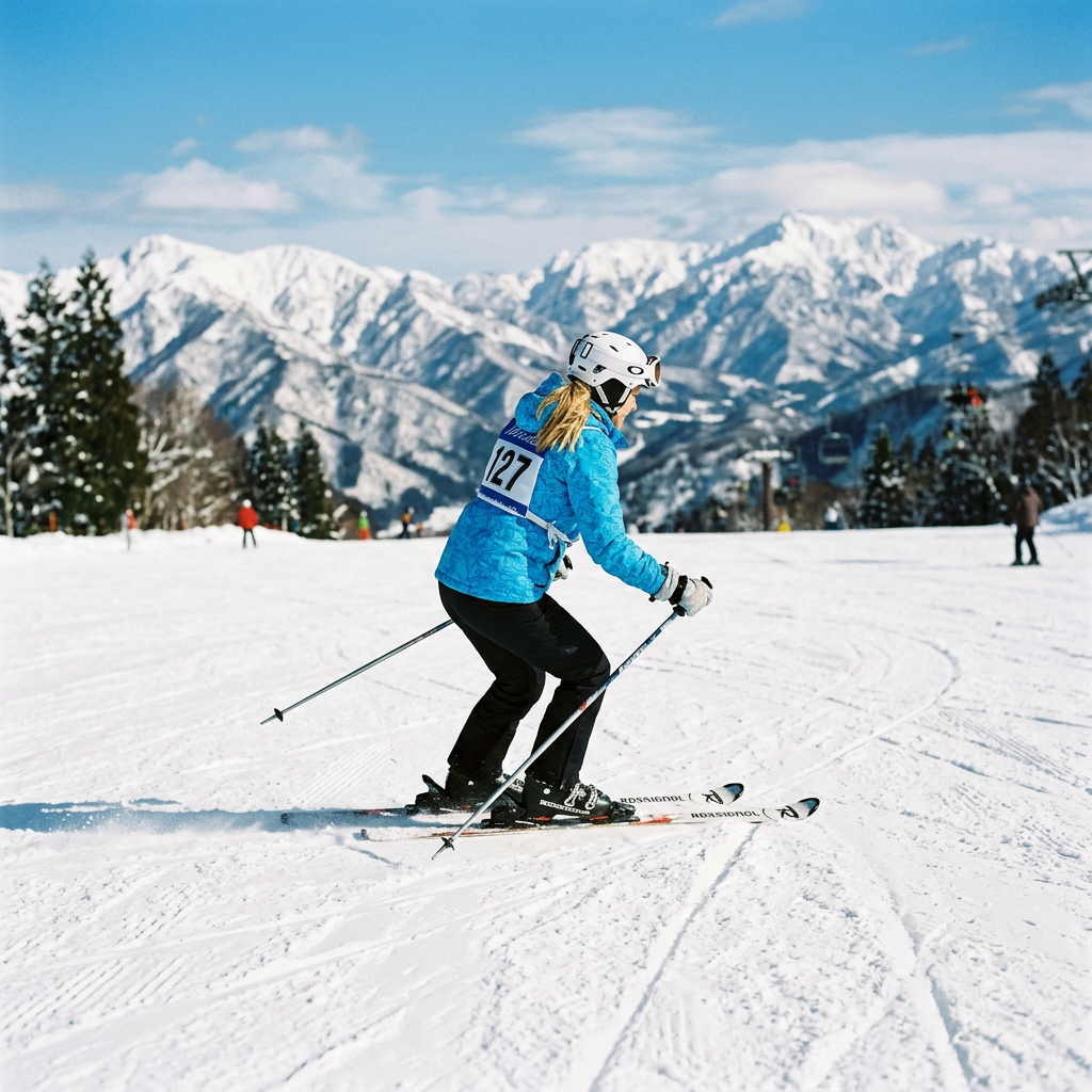 Skier wearing a blue jacket and white helmet skiing downhill on a snowy mountain